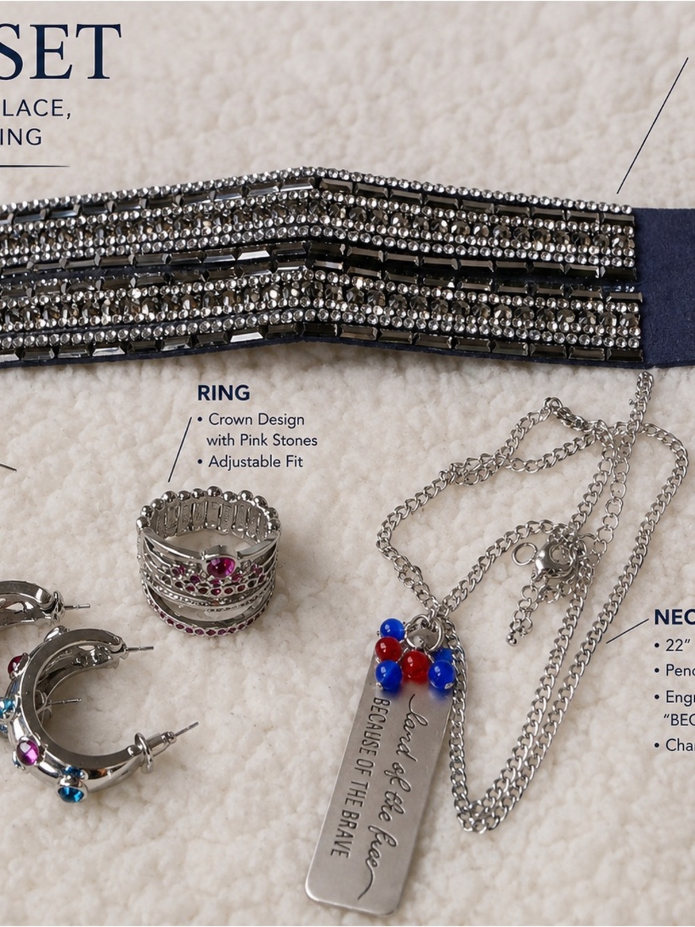 Women’s Silver Pendant Necklace with Red & Blue Bead Accents